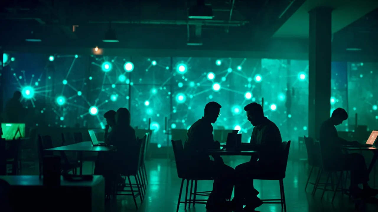 Malaysian co-working space with professionals collaborating around laptops in soft daylight