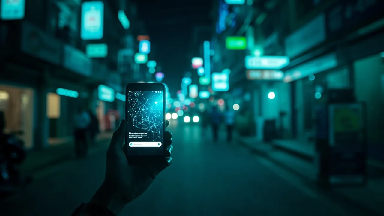 Malaysian street with a smartphone showing a Google local search result in soft daylight